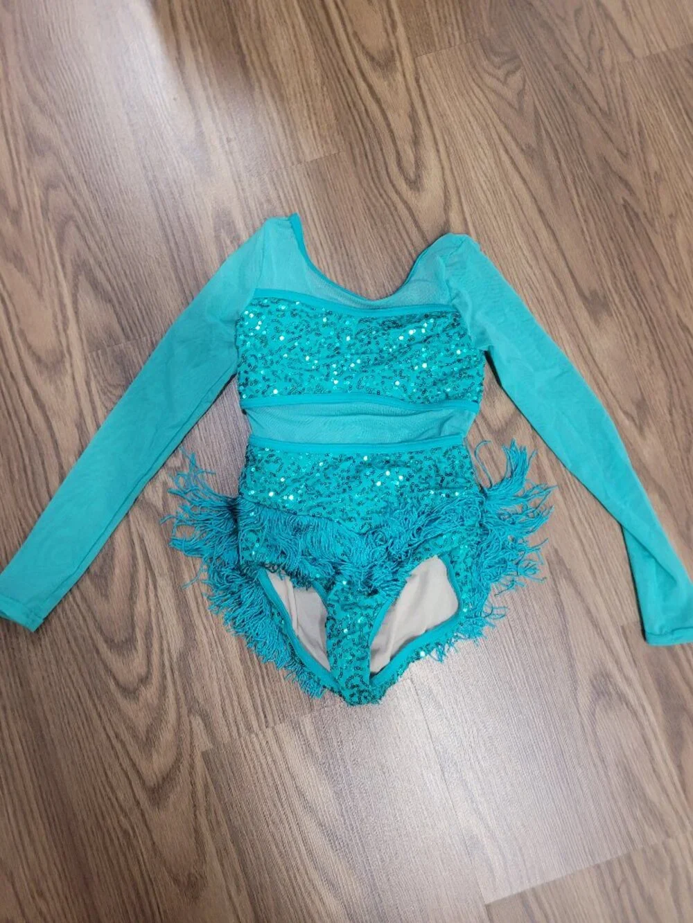 Weissman-Teal Sequin and Fringe Long Sleeve Dance Costume